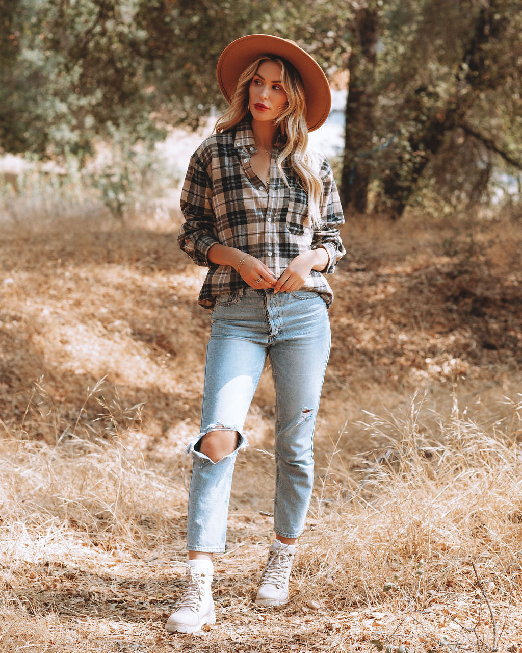 Crescent Moon Cotton Blend Plaid Button Down Top
