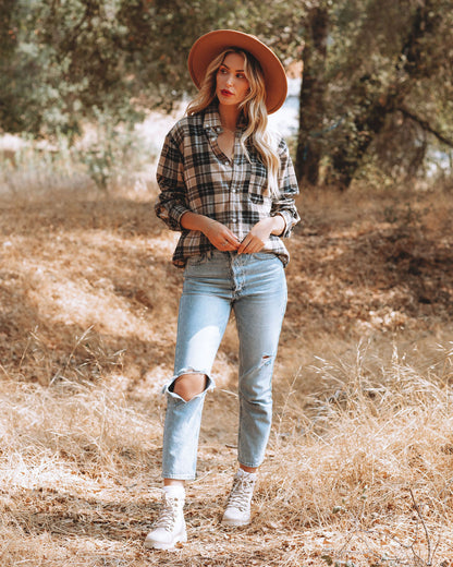 Crescent Moon Cotton Blend Plaid Button Down Top