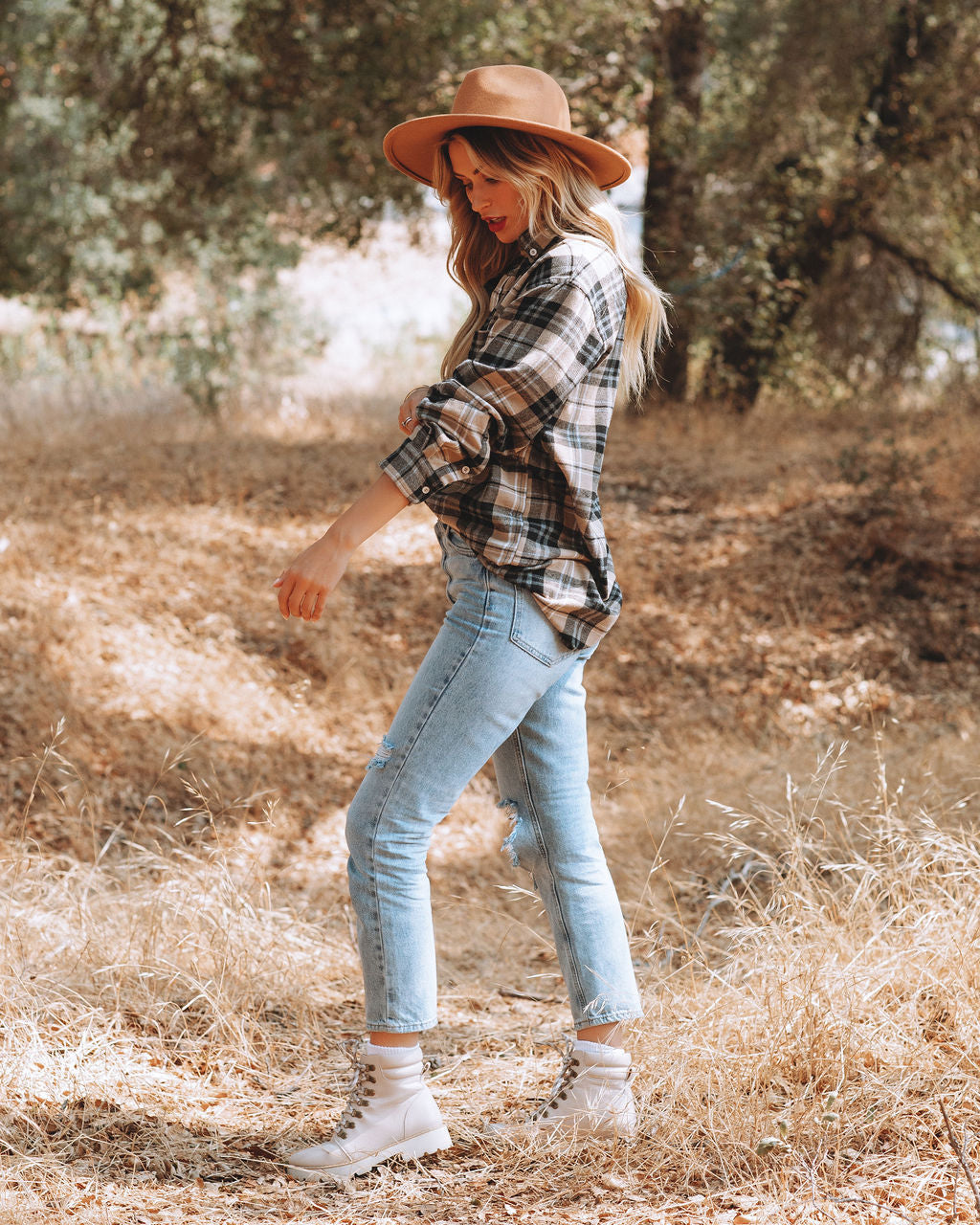 Crescent Moon Cotton Blend Plaid Button Down Top
