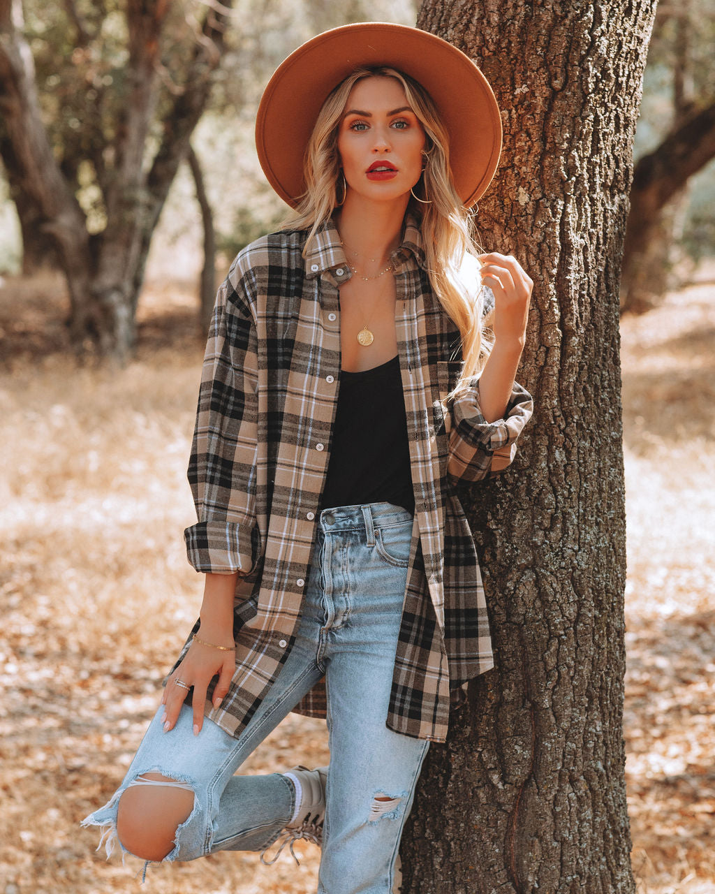 Crescent Moon Cotton Blend Plaid Button Down Top