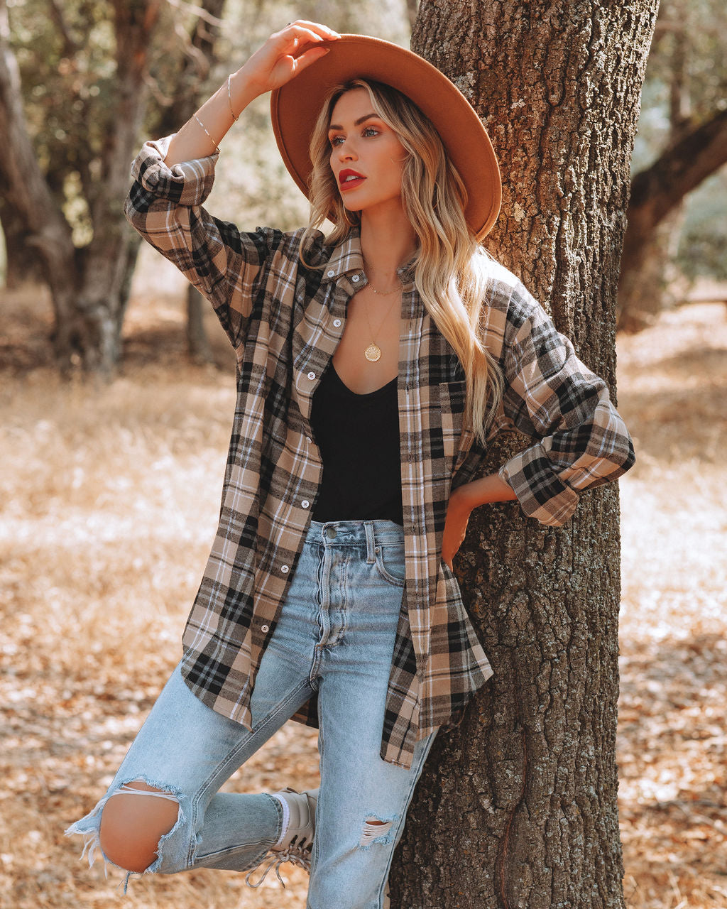 Crescent Moon Cotton Blend Plaid Button Down Top