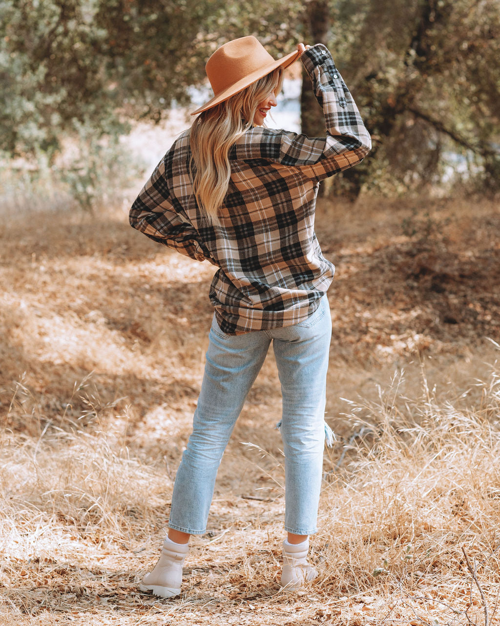 Crescent Moon Cotton Blend Plaid Button Down Top