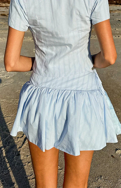 Della Blue Stripe Tie Waist Reversible Skirt