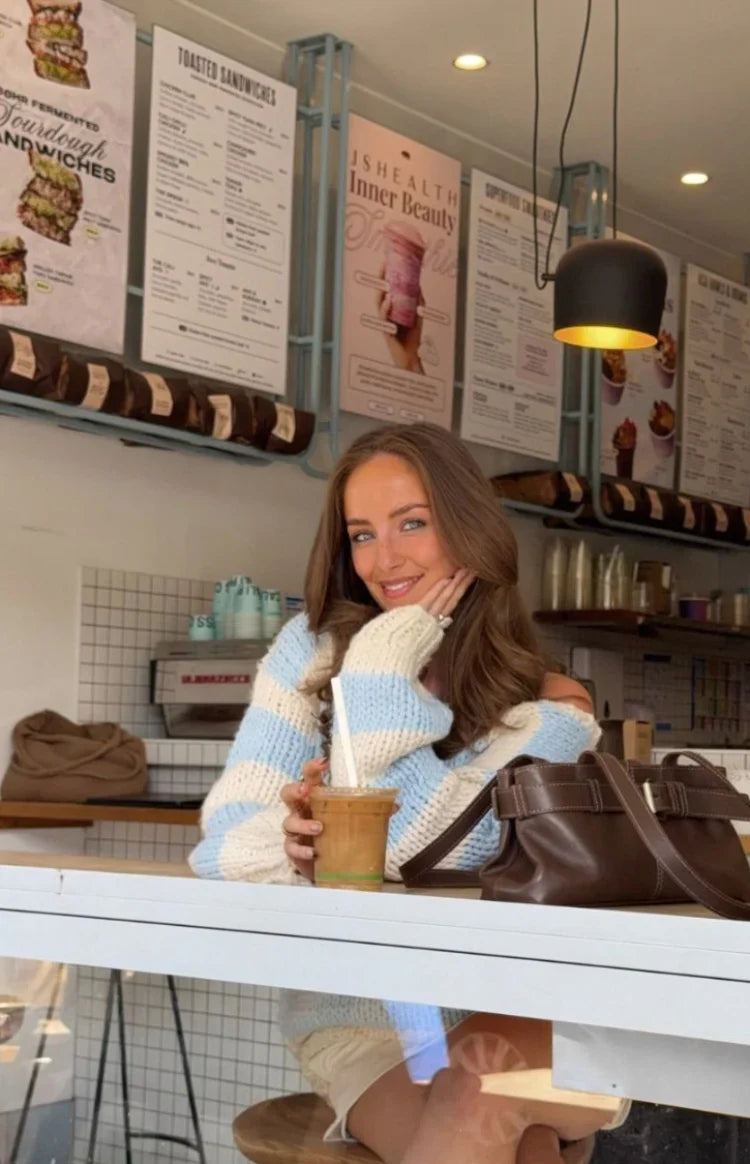 Delvey Light Blue Striped Chunky Knit Sweater