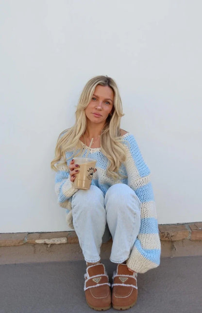 Delvey Light Blue Striped Chunky Knit Sweater
