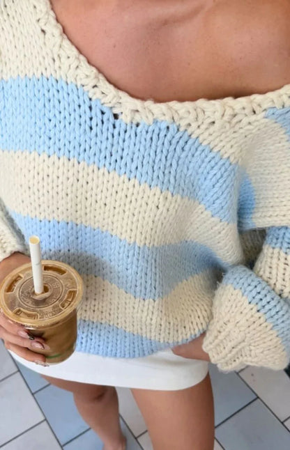 Delvey Light Blue Striped Chunky Knit Sweater