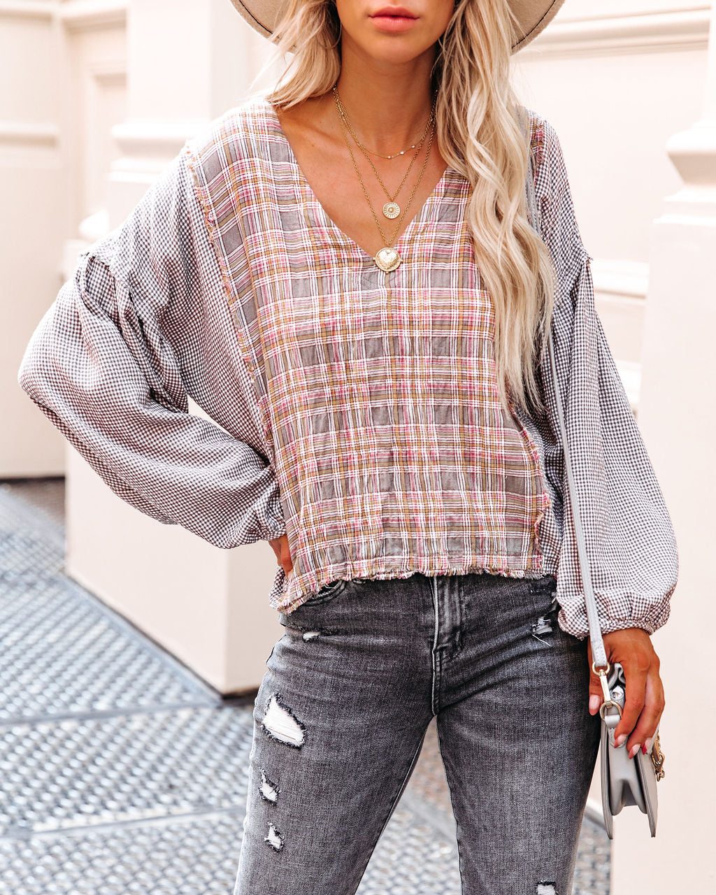Elowen Cotton Frayed Plaid Top
