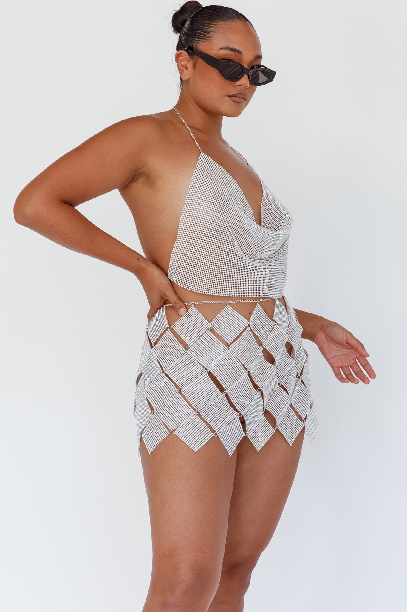 Vally Sequins Geometric Mini Skirt Silver