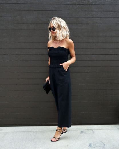 Call Away Cotton Strapless Smocked Pocketed Jumpsuit - Black