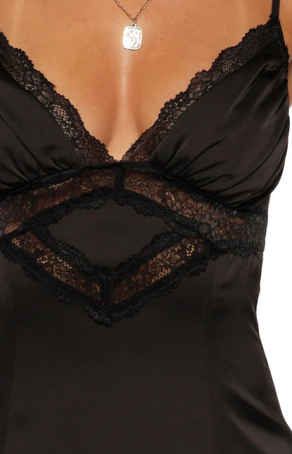 Gabby Black Satin Lace Maxi Dress