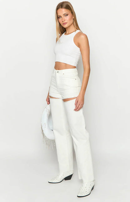 Gem Diamante Trim Wide Leg White Denim Jeans