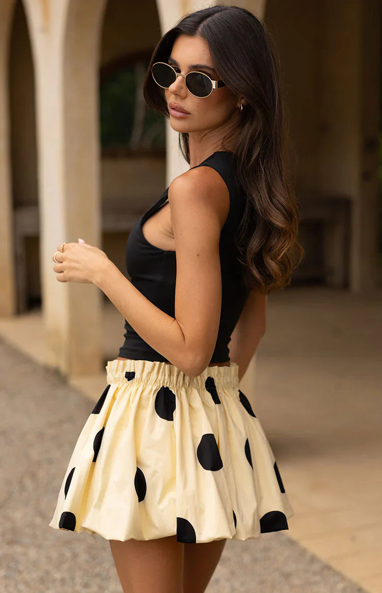 Henrietta Yellow Polka Dot Bubble Hem Mini Skirt