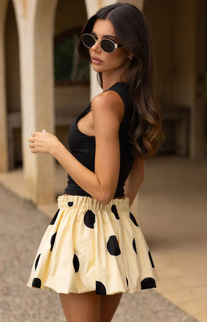 Henrietta Yellow Polka Dot Bubble Hem Mini Skirt