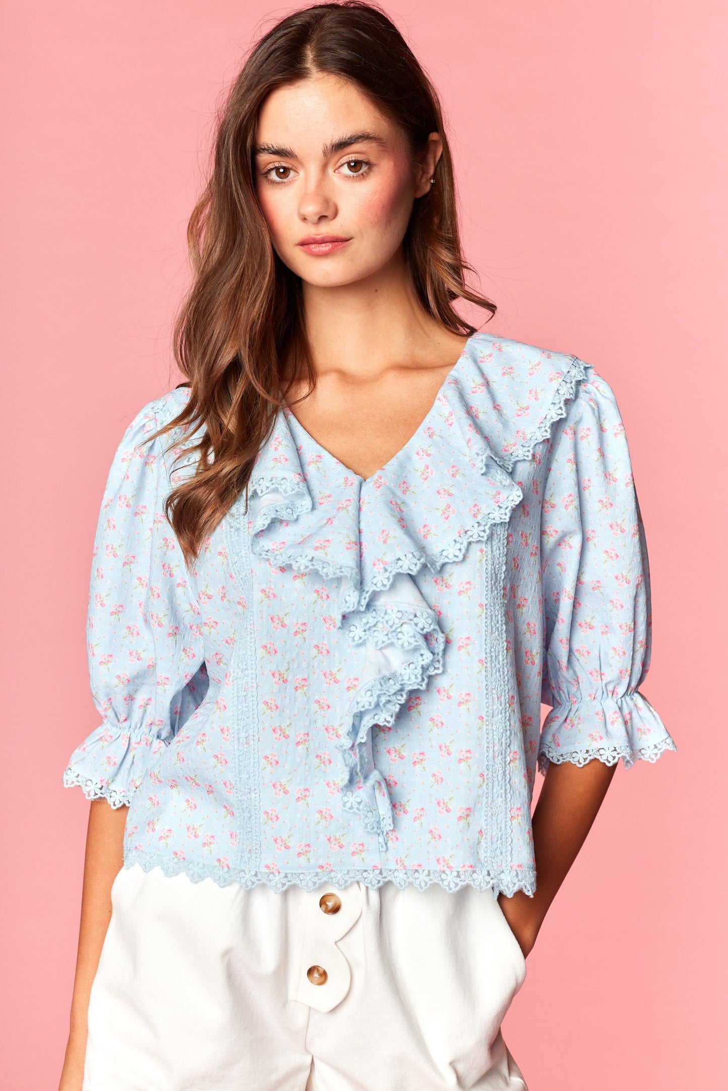 Floral Ruffled Blouse (baby blue)