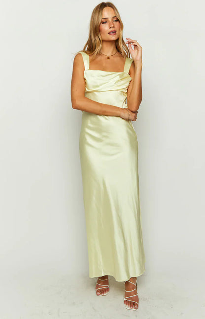 Laria Yellow Satin Formal Maxi Dress