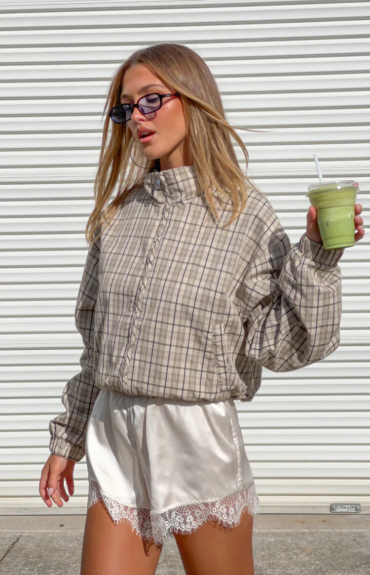 Lee Beige Plaid Funnel Neck Jacket