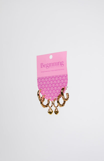 Mandey Gold Heart Hoop Earrings 3 Pack