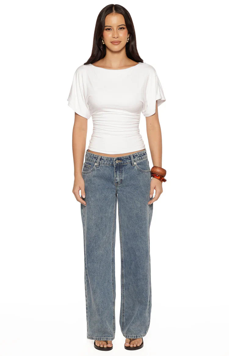 Muriel White Ruched Waist Jersey Top - PRE ORDER