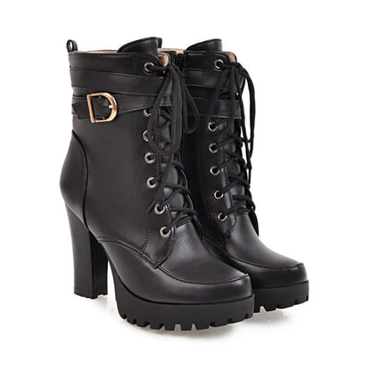 Buckle Lace-Up High Heel Low Boots