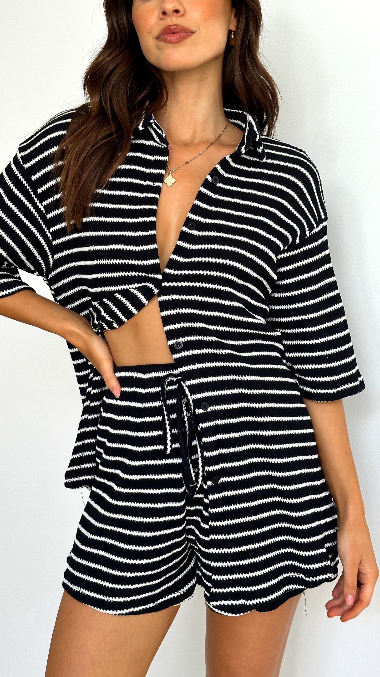 Lacole Button Up Shirt and Shorts Set - Black / White Stripe