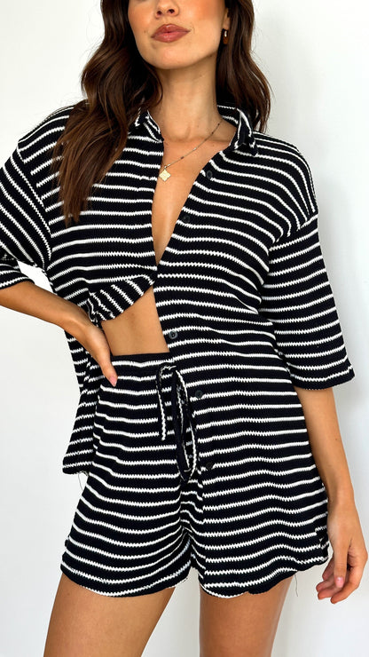 Lacole Button Up Shirt and Shorts Set - Black / White Stripe