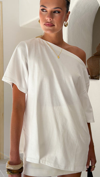 Pia One Shoulder Oversize Tee - White