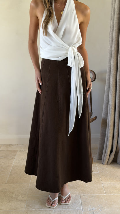 Zira Denim Maxi Skirt - Chocolate
