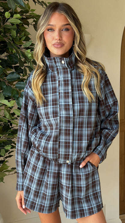 Ivana Funnel Neck Jacket & Shorts Set - Brown/Blue Plaid