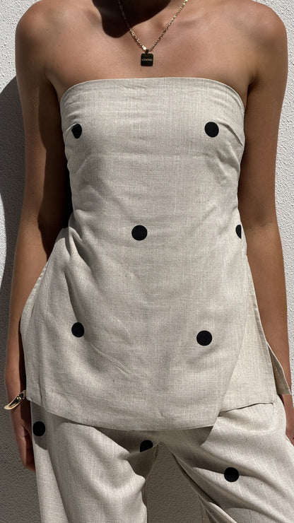 Kailani Strapless Top and Pants Set - Oatmeal / Black Polka Dot