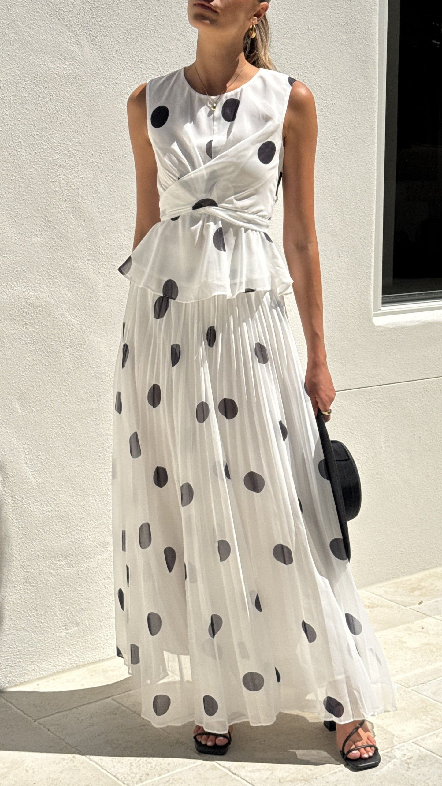 Cambree Peplum Top and Maxi Skirt Set - White / Black Polka Dot