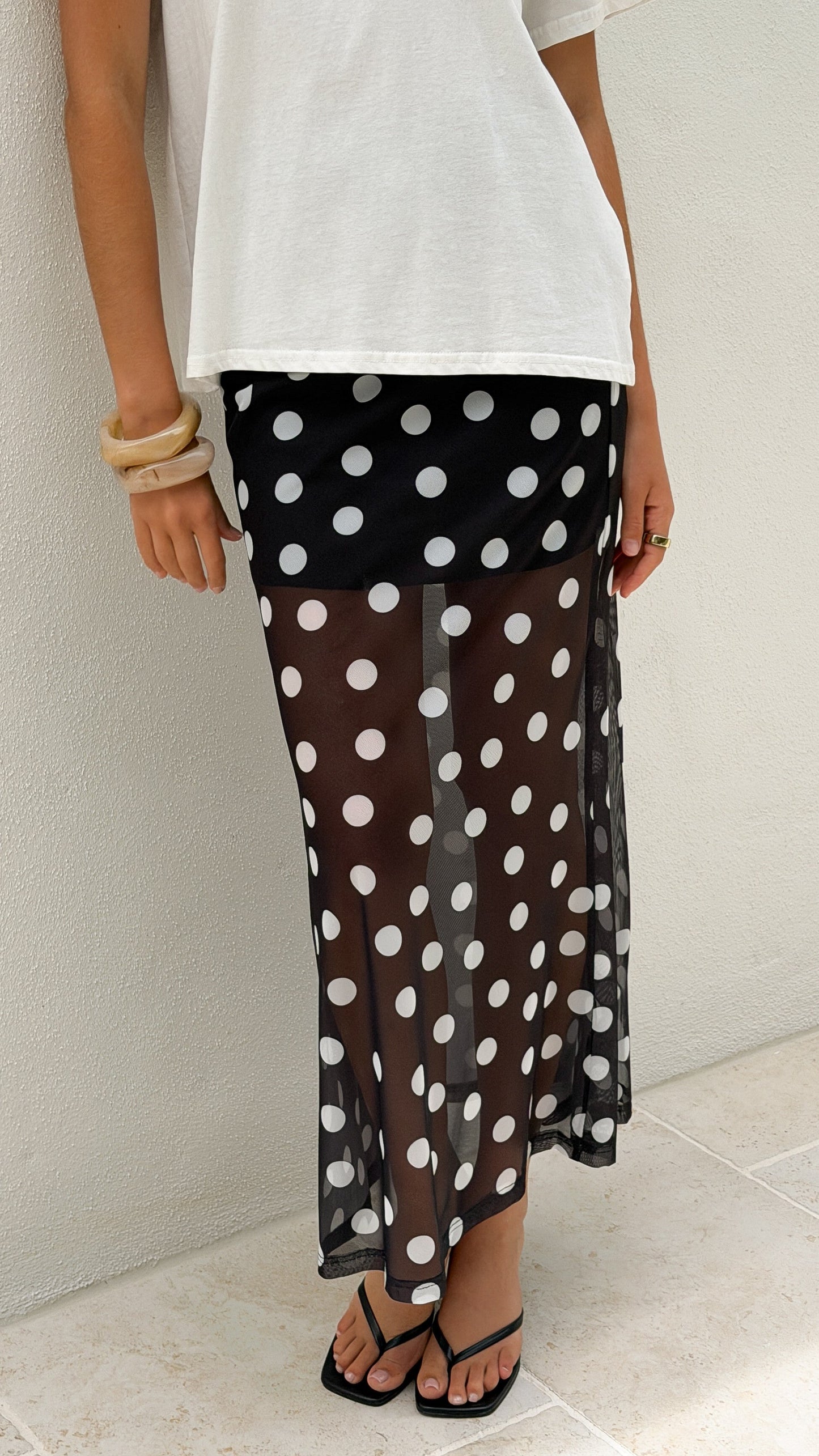 Onella Semi Sheer Maxi Skirt - Black/White Polka Dot
