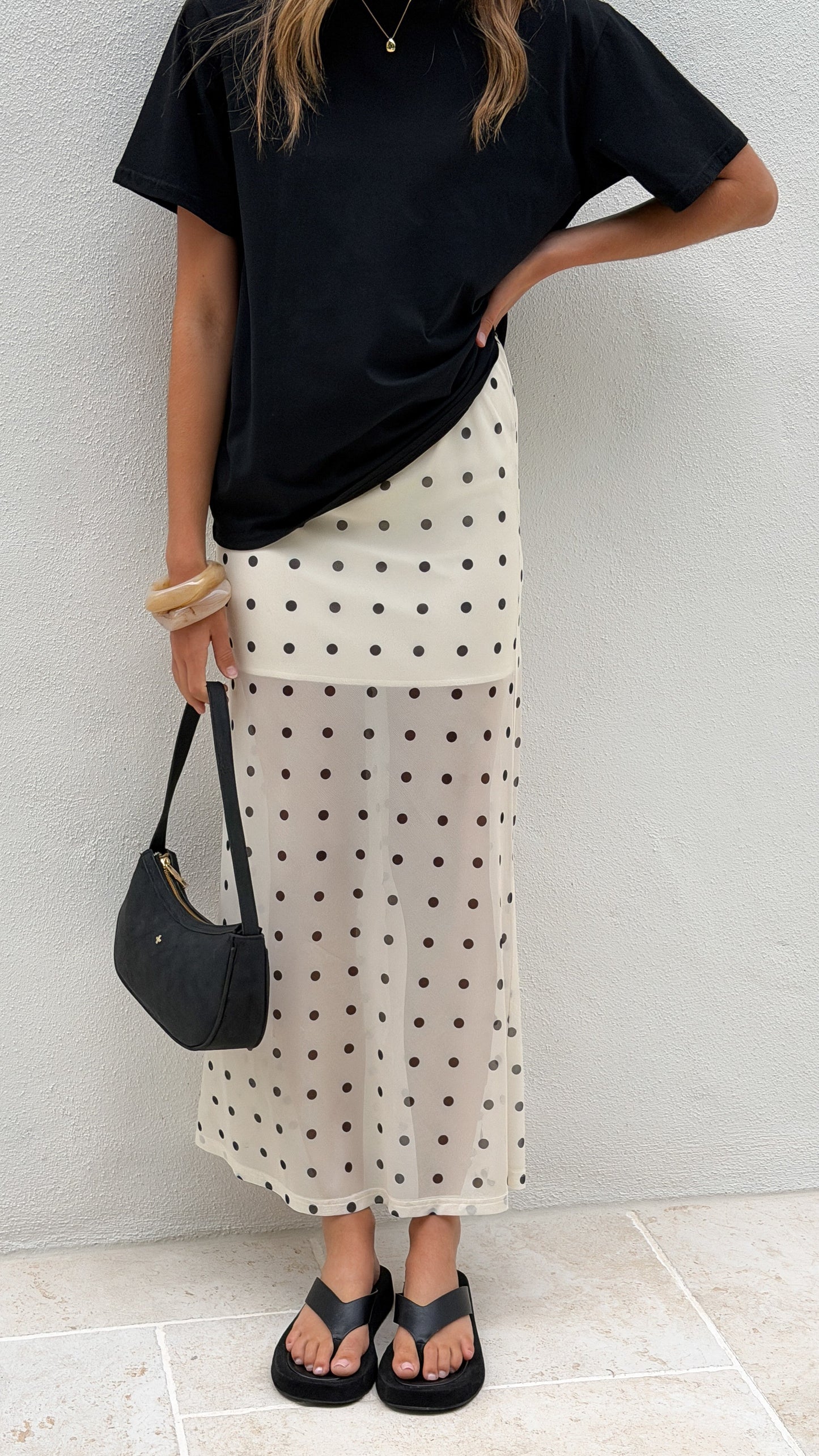 Onella Semi Sheer Maxi Skirt - Cream/Black Polka Dot