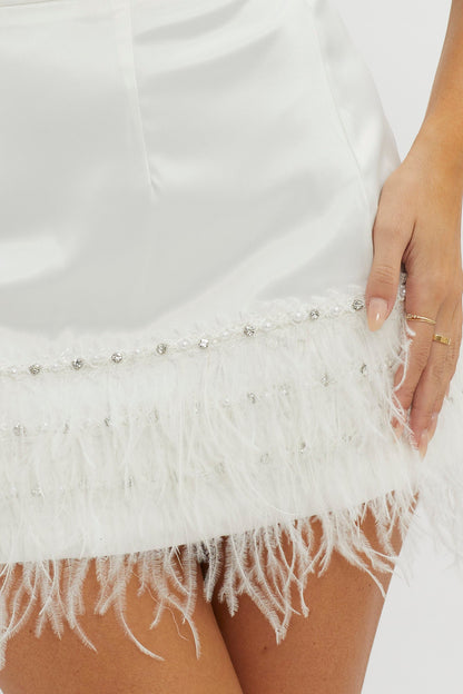 Sashay Feather Trim Mini Skirt White