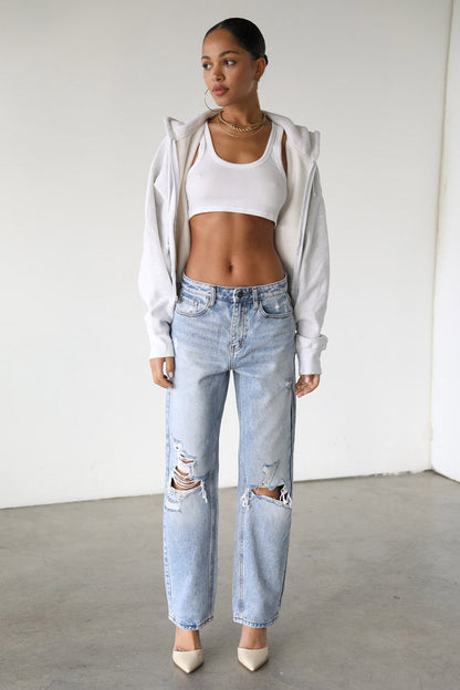 DOGMA High Rise Straight Leg Denim Jeans Distressed Light Wash
