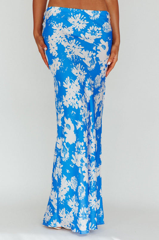 Manila Satin Maxi Skirt Blue Floral
