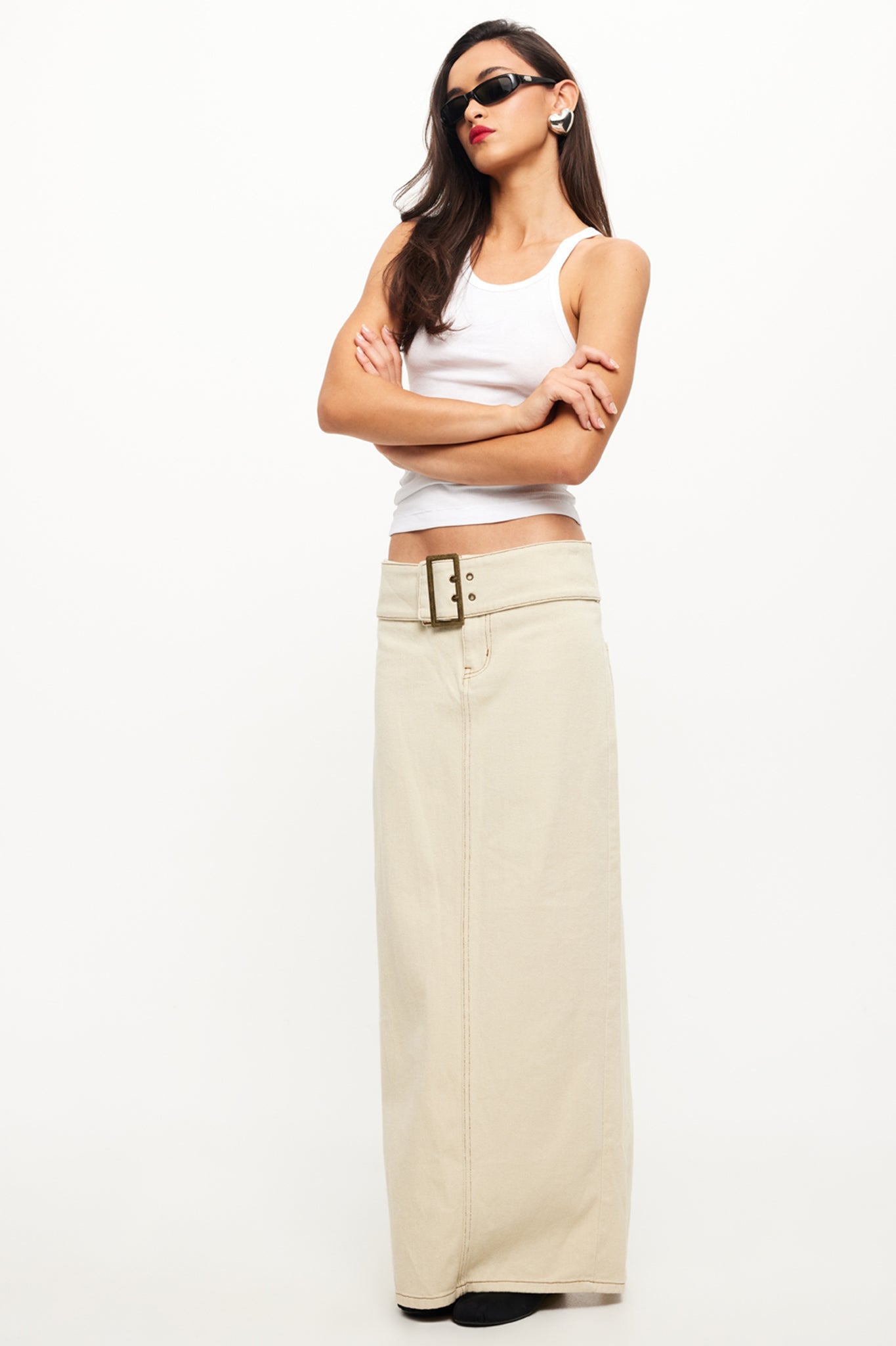 LIONESS Uma Denim Midi Skirt Ecru