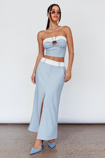 In My Era Front Split Midi Skirt Washed Blue