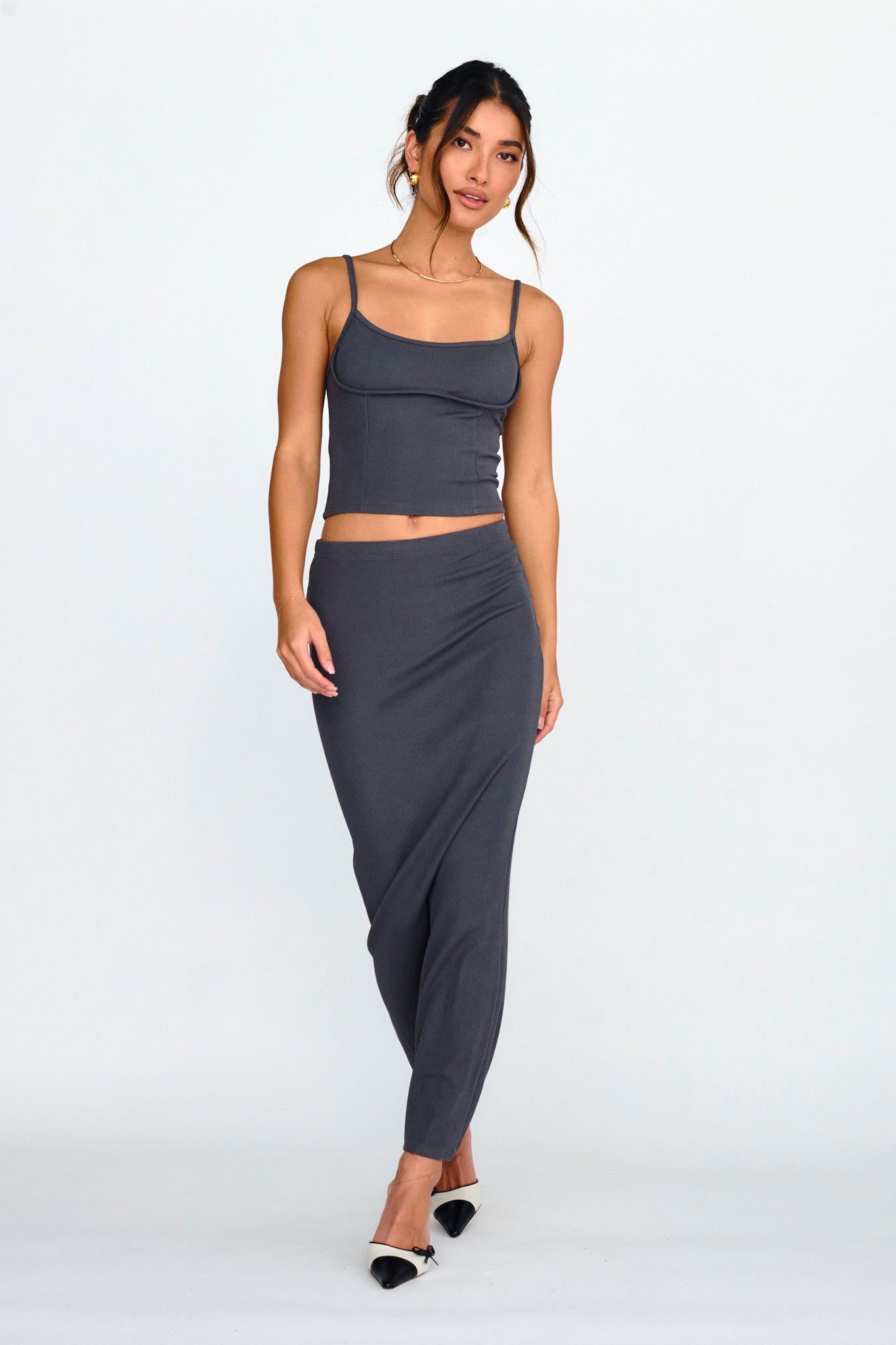 Strike A Pose Ribbed Maxi Skirt Charcoal