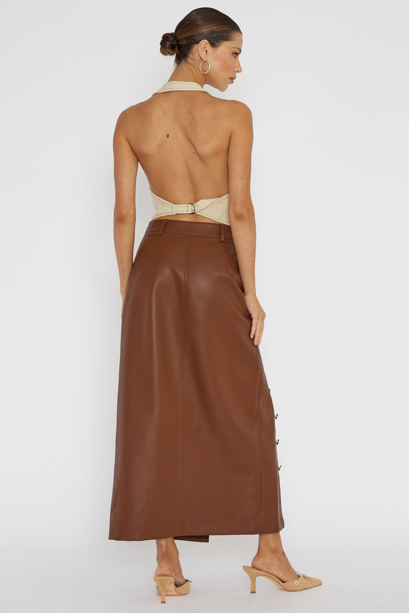 Angelica Button-Up Faux Leather Midi Skirt Brown