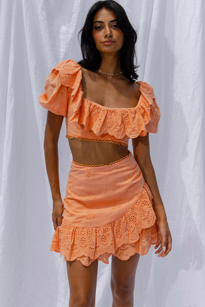 New Moon Scalloped Ruffle Trim Eyelet Skirt Orange