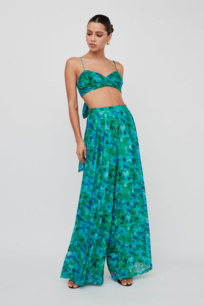 Tammi Wide Leg Satin Pants Floral Green