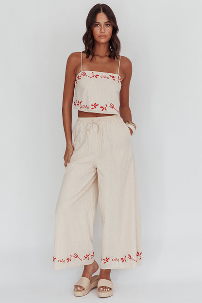 Sorrento Summer Embroidered Wide-Leg Pants Oat