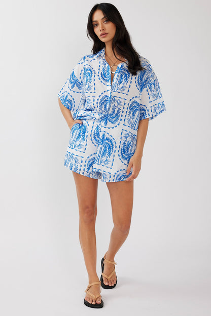 Cora Elastic Waist Shorts Print Blue White