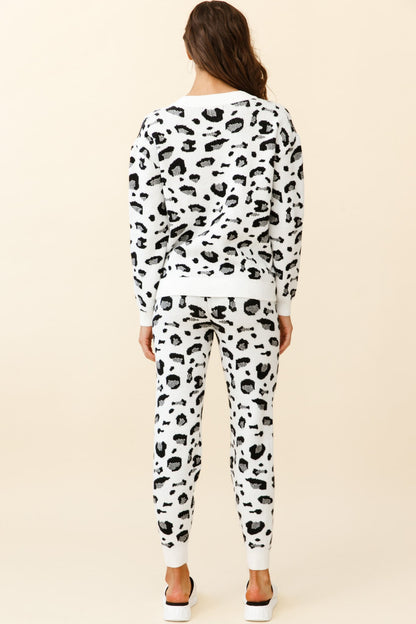 Chase The Moon V-Neck Sweater & Pants Set White Leopard Print