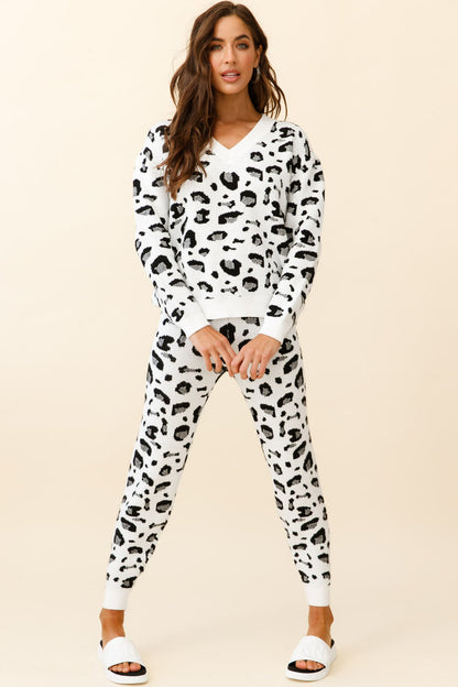Chase The Moon V-Neck Sweater & Pants Set White Leopard Print
