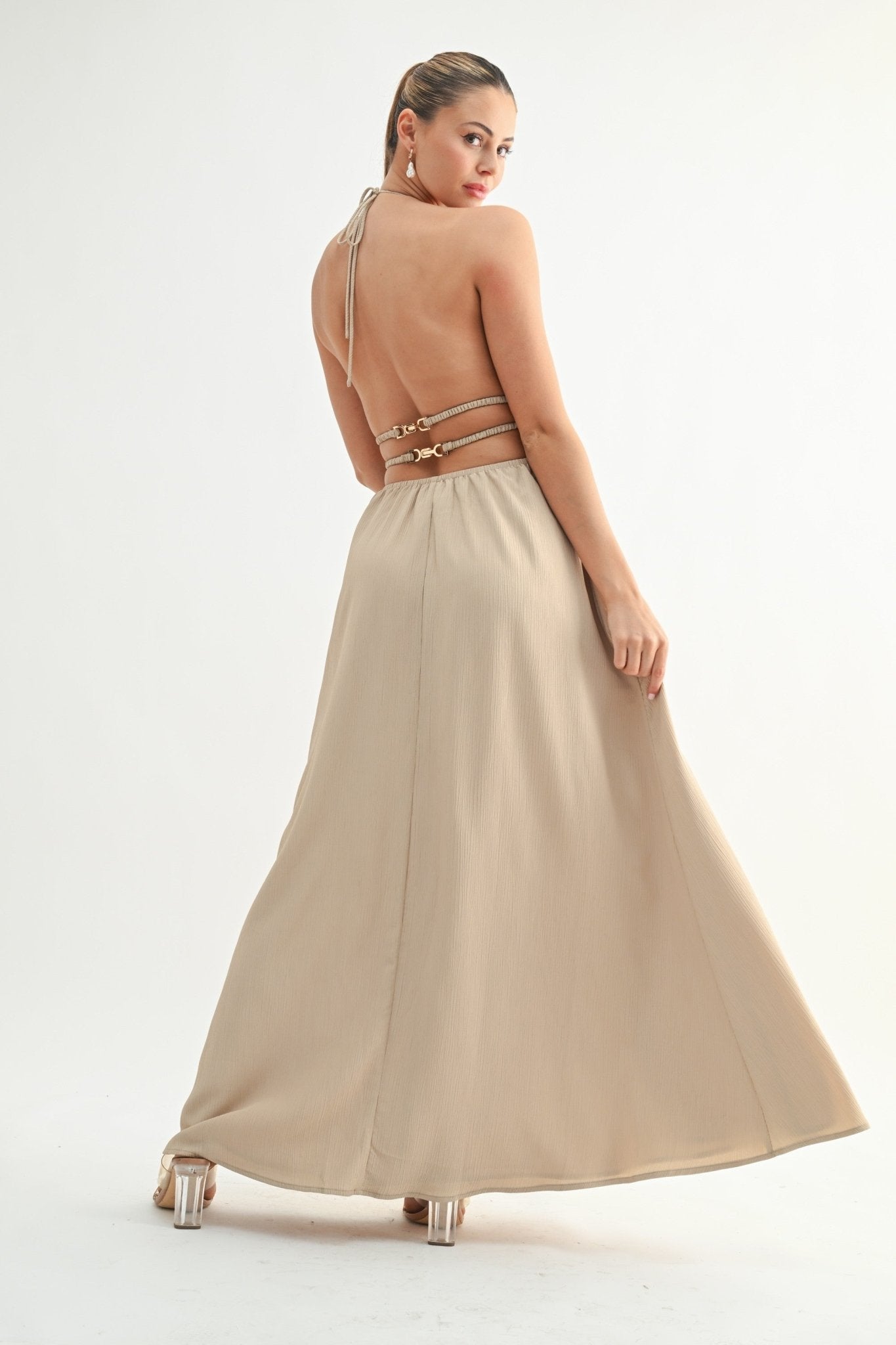 Beige Halter Cutout Maxi Dress