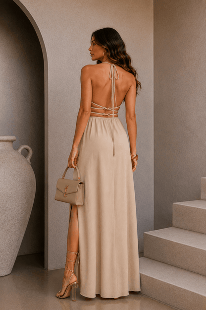 Beige Halter Cutout Maxi Dress