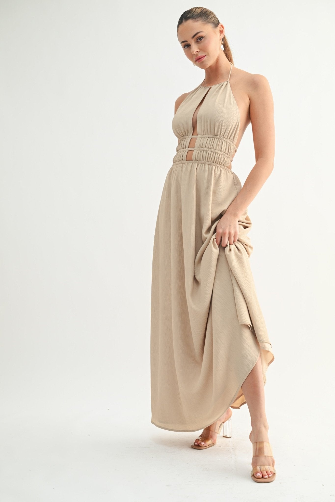 Beige Halter Cutout Maxi Dress