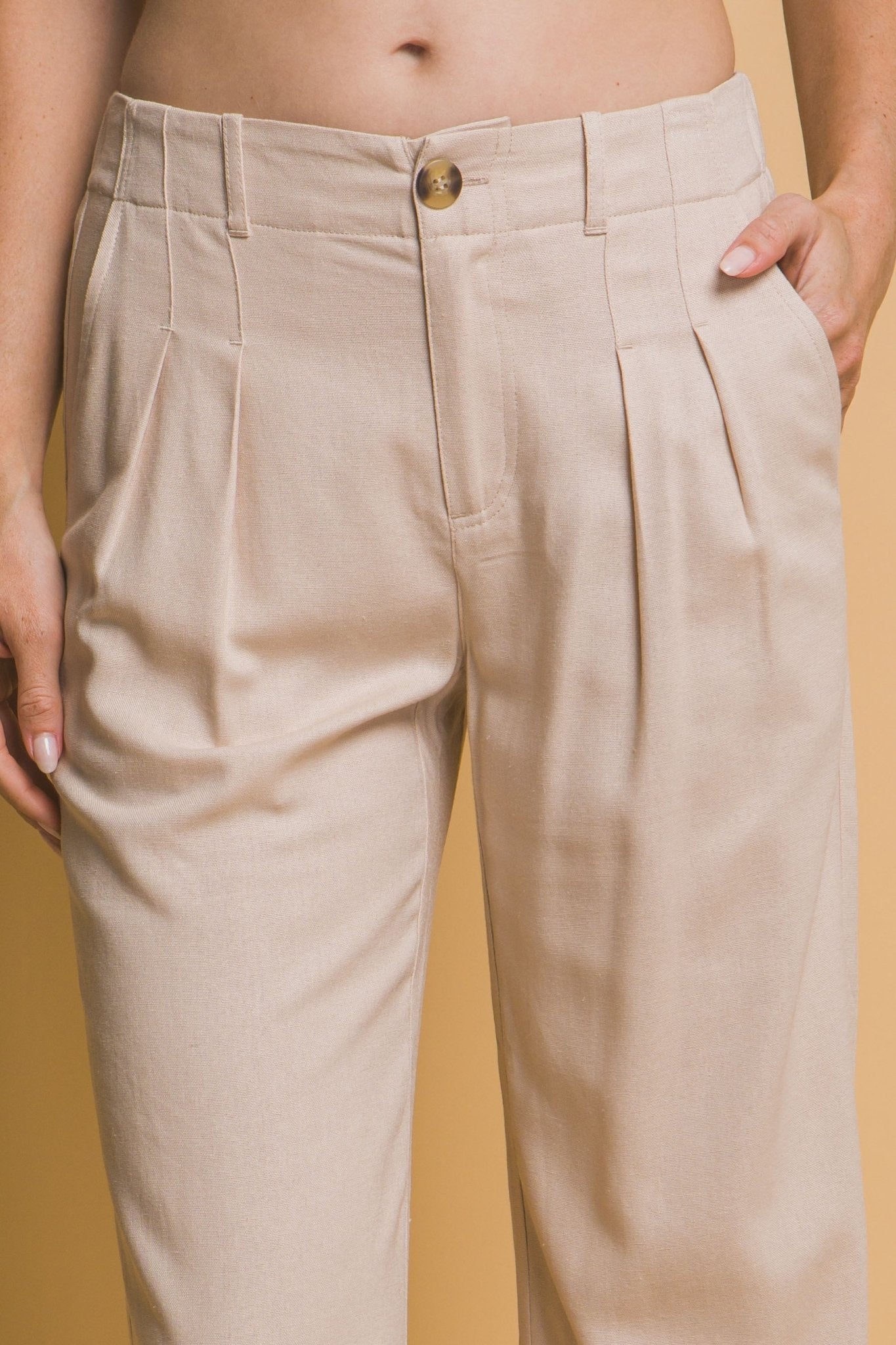 Beige Linen Pleated Trousers