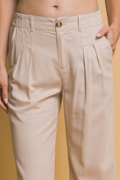 Beige Linen Pleated Trousers
